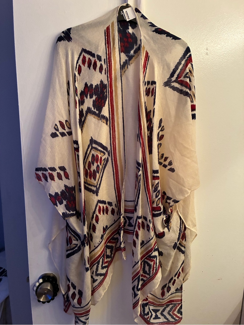 Sonoma Ivory Poncho with Red and Navy Aztec Motif